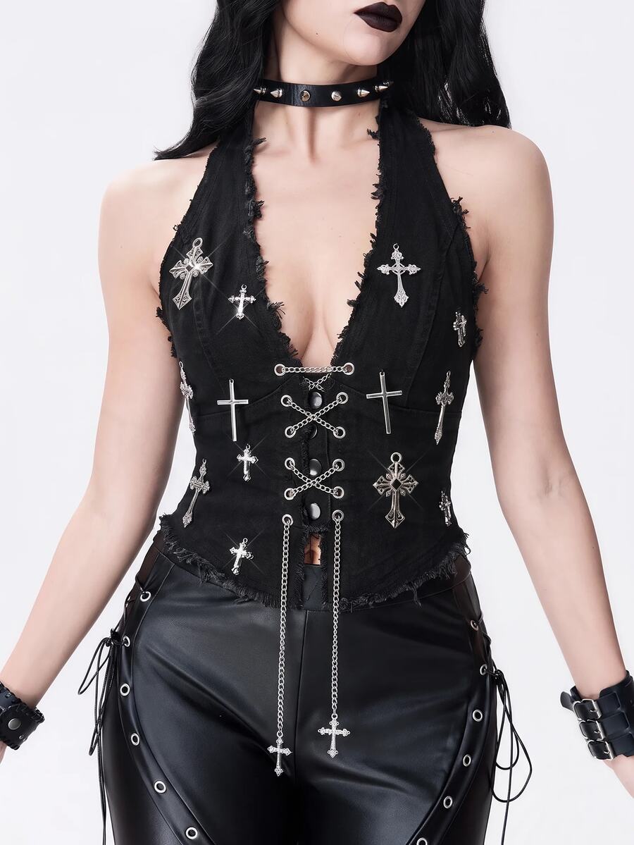 Black goth halter denim crop top featuring a backless cross lace-up design and asymmetrical hem on a model.