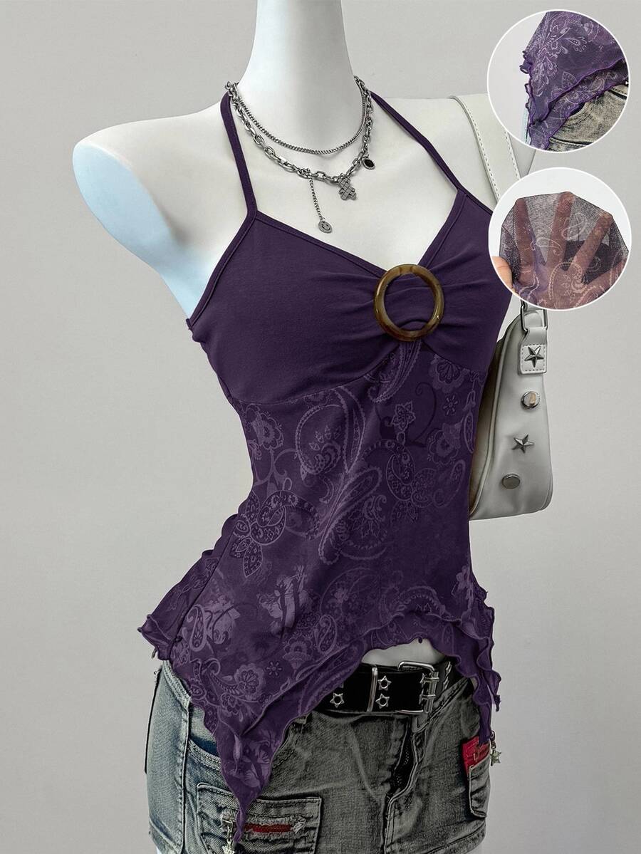 Women's backless halter cami top featuring a paisley print, sleeveless design, and an asymmetrical hem in knitted fabric.