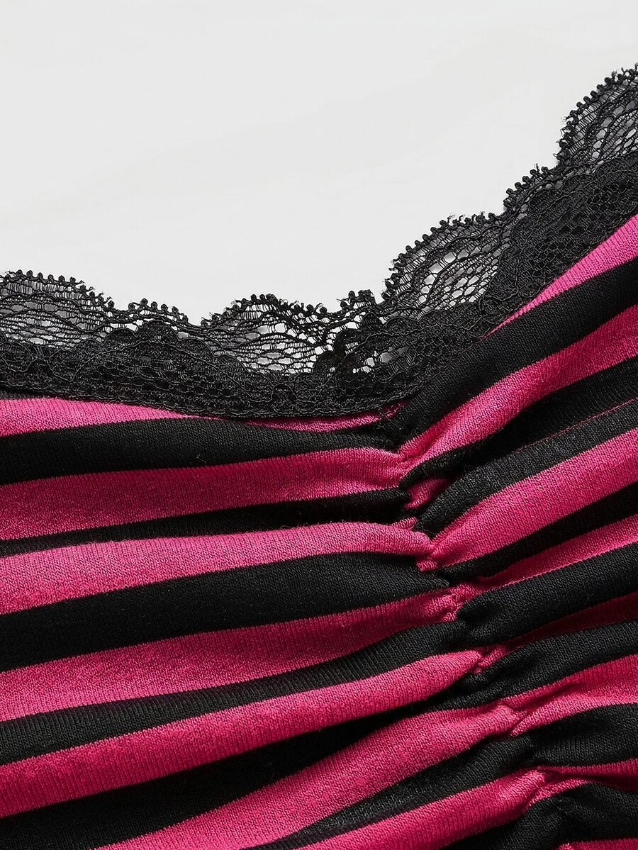 Burgundy and black striped lace trim camisole with spaghetti straps and ruched rib-knit detail.