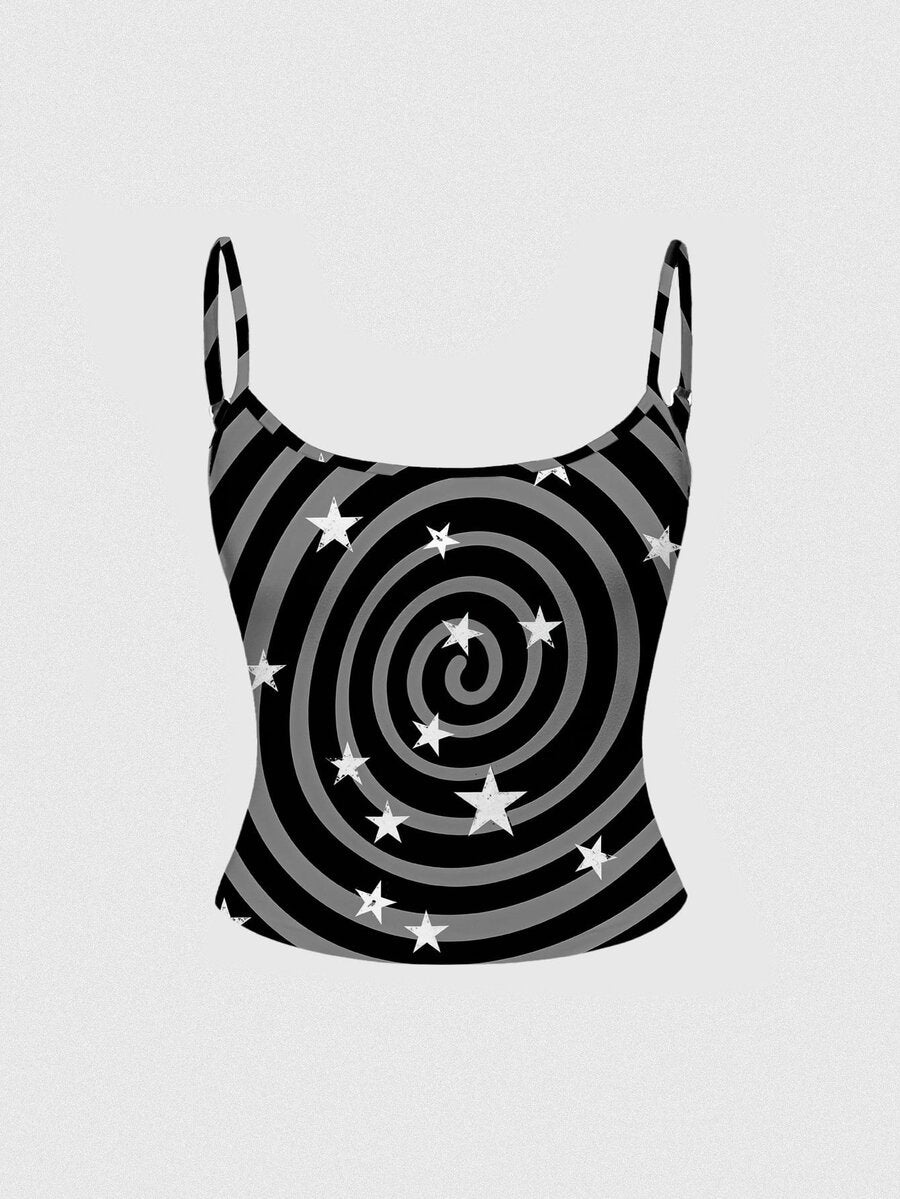 Black rib-knit gothic camisole tank top with a heart skull graphic print, spaghetti straps, and matching separate arm sleeves.