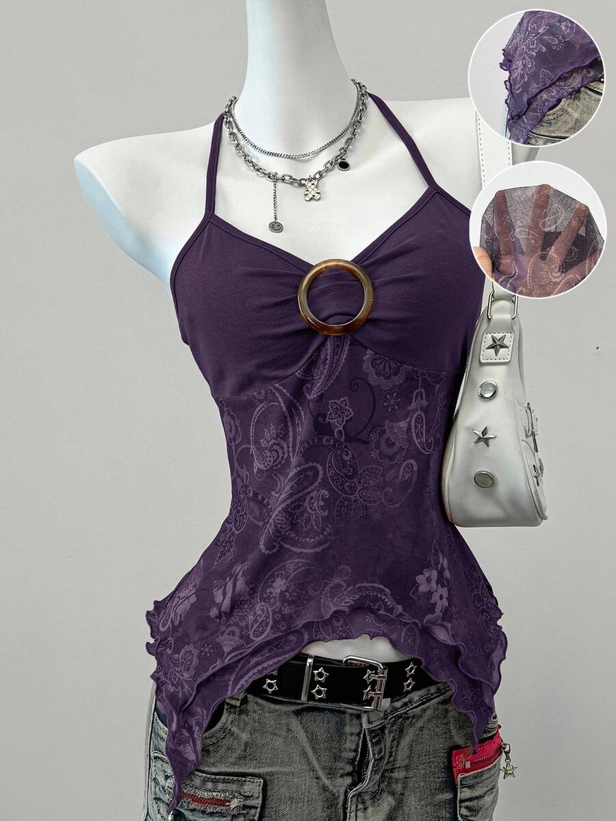 Women's backless halter cami top featuring a paisley print, sleeveless design, and an asymmetrical hem in knitted fabric.