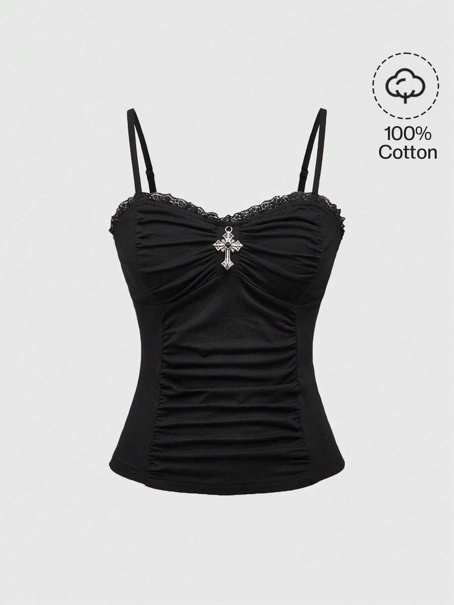A black gothic slim-fit tank top featuring contrast lace patchwork detailing, ruched frill trim, and thin spaghetti straps made from soft knitted stretch fabric.