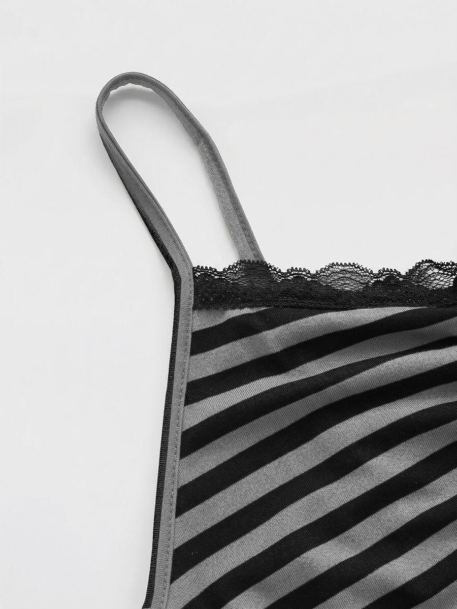 Burgundy and black striped lace trim camisole with spaghetti straps and ruched rib-knit detail.