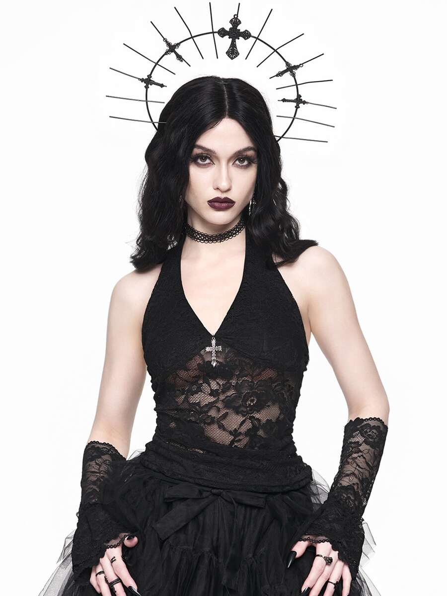 Black gothic halter lace cami crop top featuring ruched details and backless design for women