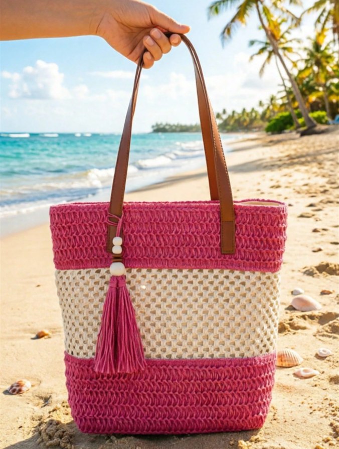 1pc New Holiday Tassel Pendant Bicolor Woven Beach Tote Bag, Casual Shoulder Handbag For Beach Trip