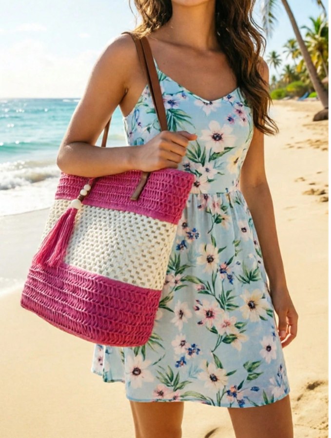 1pc New Holiday Tassel Pendant Bicolor Woven Beach Tote Bag, Casual Shoulder Handbag For Beach Trip