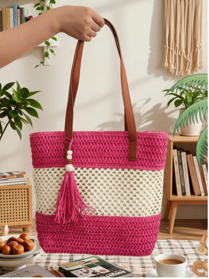1pc New Holiday Tassel Pendant Bicolor Woven Beach Tote Bag, Casual Shoulder Handbag For Beach Trip