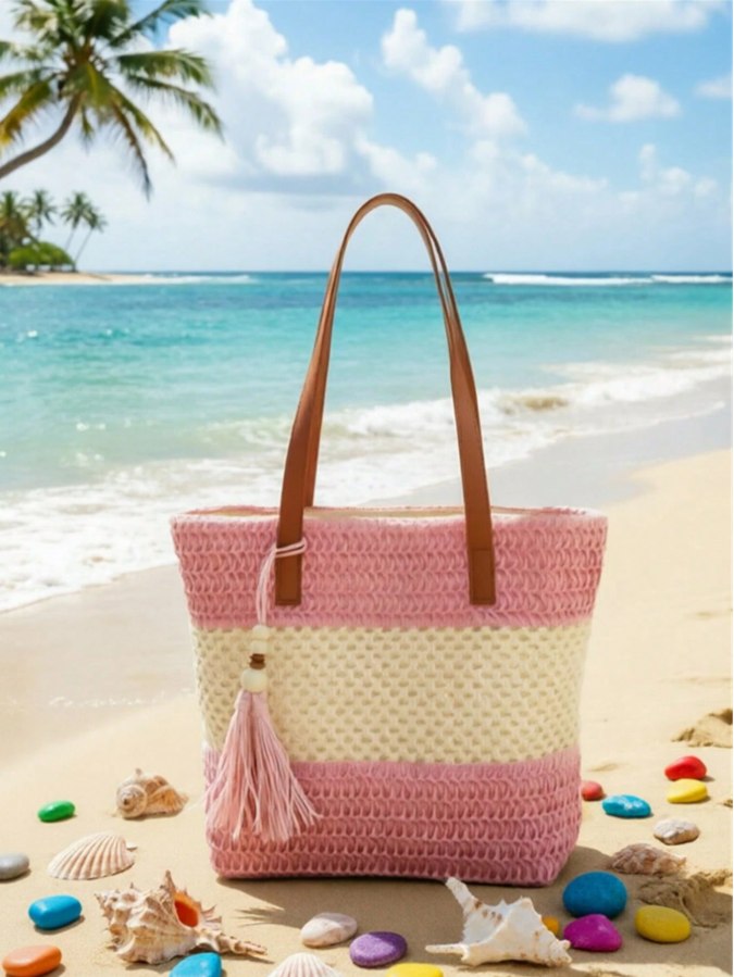 1pc New Holiday Tassel Pendant Bicolor Woven Beach Tote Bag, Casual Shoulder Handbag For Beach Trip