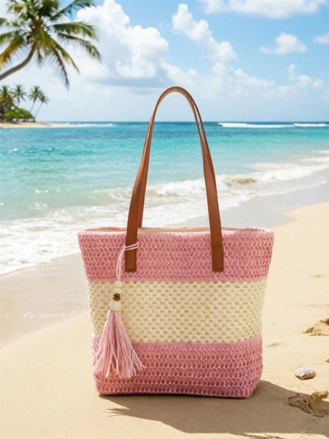 1pc New Holiday Tassel Pendant Bicolor Woven Beach Tote Bag, Casual Shoulder Handbag For Beach Trip