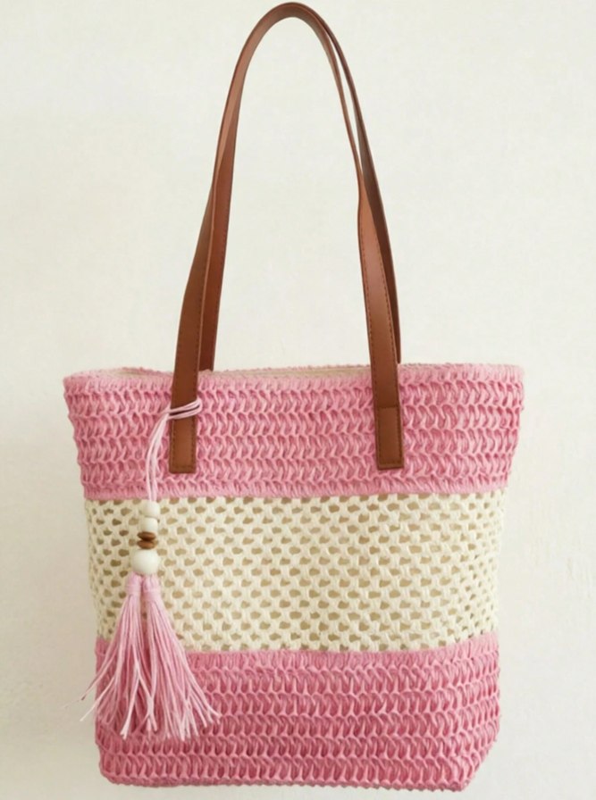 1pc New Holiday Tassel Pendant Bicolor Woven Beach Tote Bag, Casual Shoulder Handbag For Beach Trip